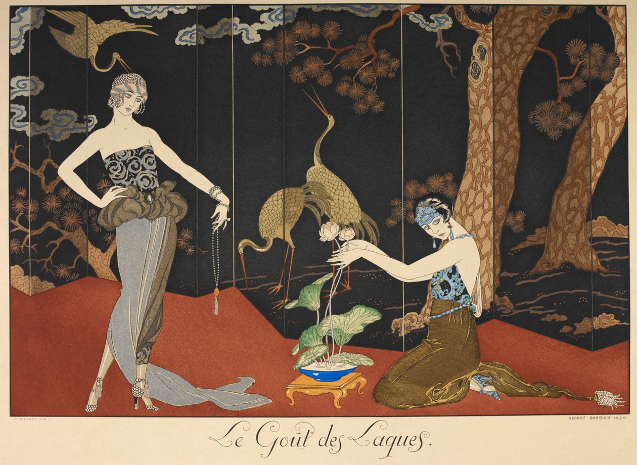Le gout des laques. Smak av lack. Två kvinnor framför en lackad skärm. av Georges Barbier
