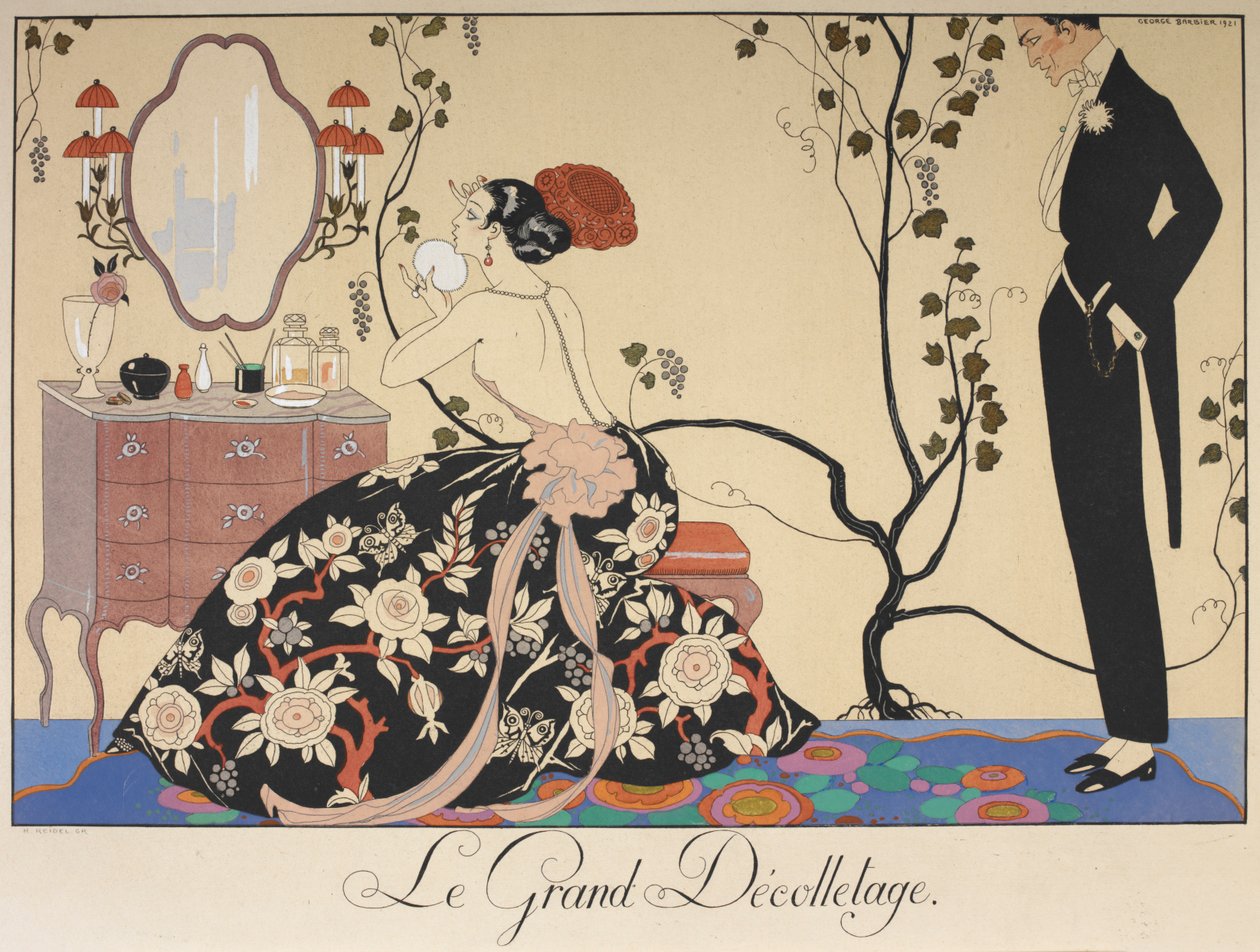 Le grand décolleté. En kvinna som sitter vid sitt sminkbord, beundrad av en man. av Georges Barbier