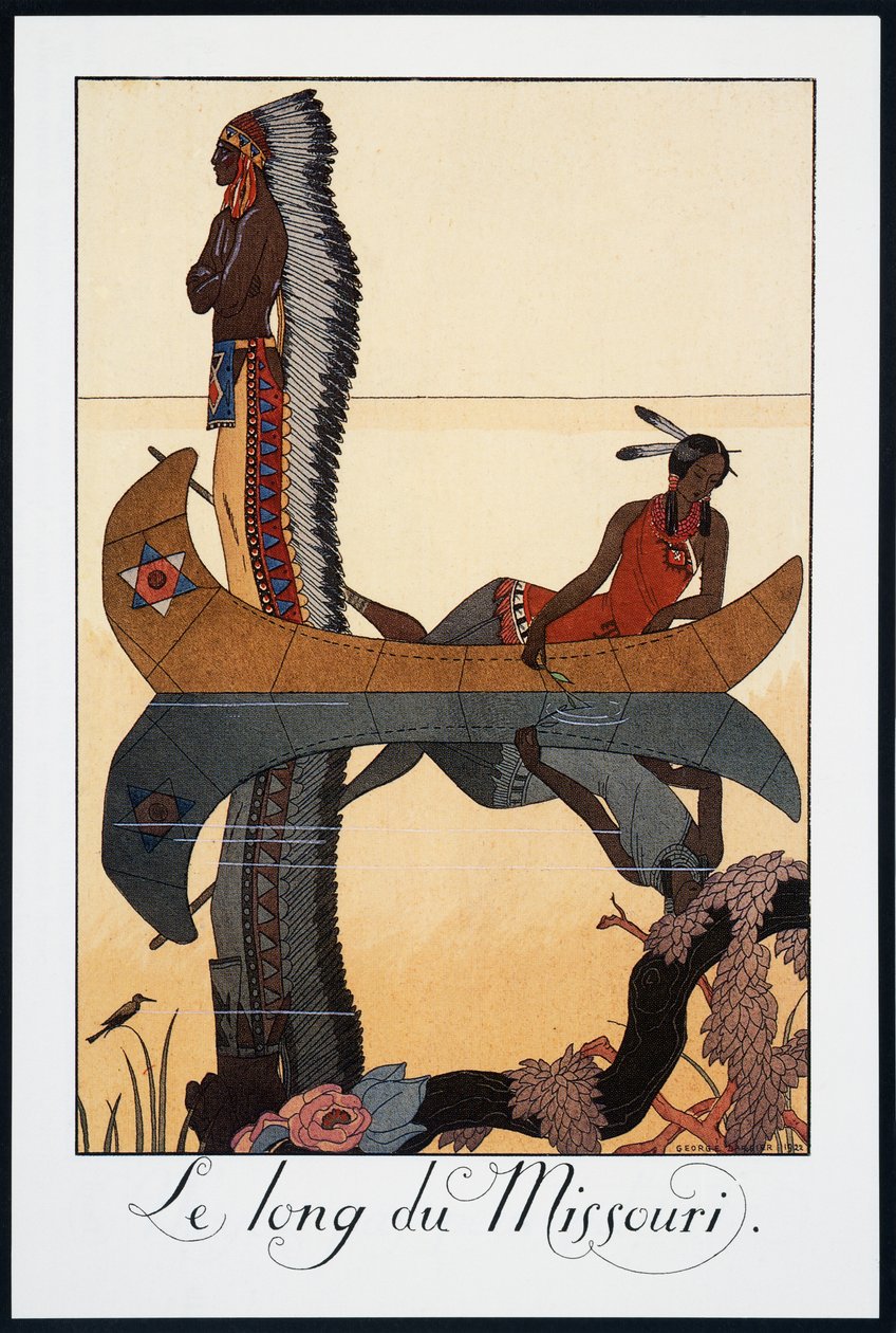 Längs Missouri, litografi av George Barbier (1882-1932), från Falbalas et Fanfreluches, Almanach des Modes Presentes, Passees et Futures, Frankrike, 1900-talet av Georges Barbier