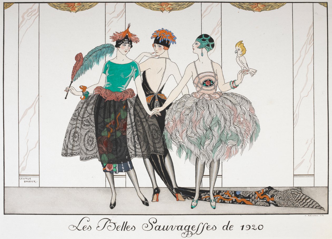 Les Belles Sauvagettes de 1920. Tre kvinnor i rad bär exotiska klänningar. av Georges Barbier