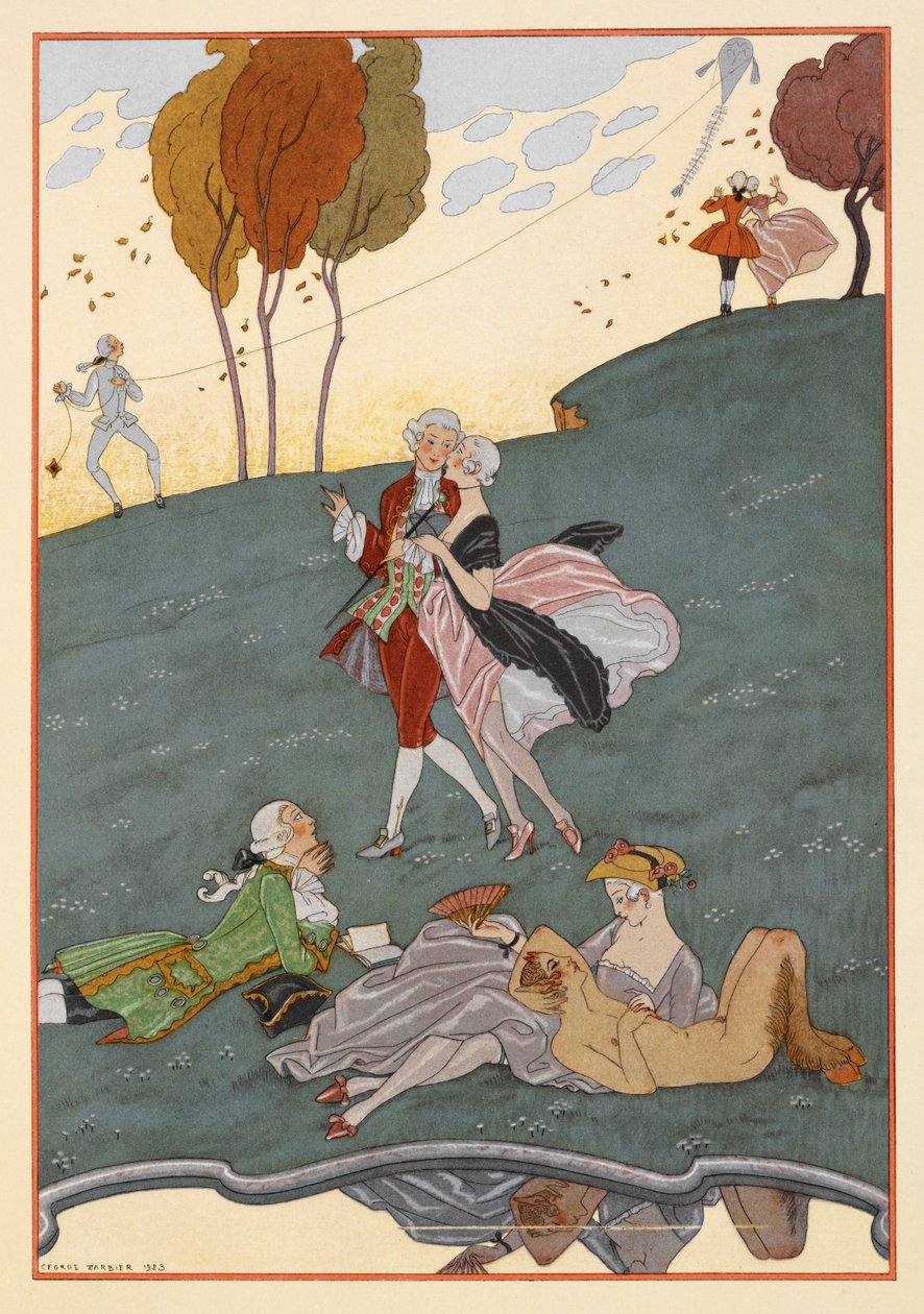 Les Ingenus. Ett antal män och kvinnor. En man som flyger en drake. En faun. av Georges Barbier