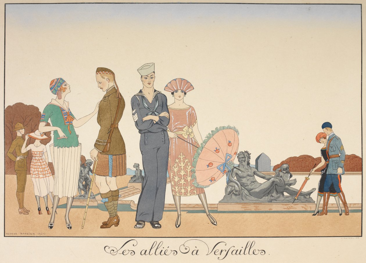 Les allies à Versailles. Olika representationer av de allierades soldater. av Georges Barbier