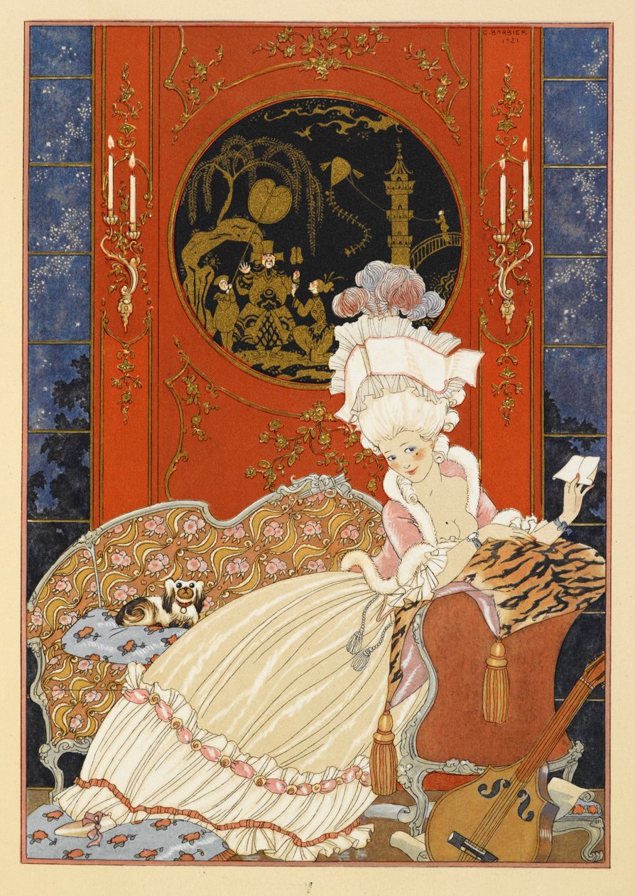 Lettre. En kvinna som läser ett brev. av Georges Barbier