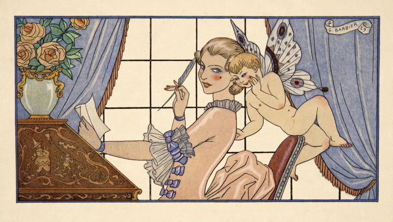 Första brev, från "Les Liaisons Dangereuses" av Pierre Choderlos de Laclos (1741-1803), pub. 1934 (stenciltryck) av Georges Barbier