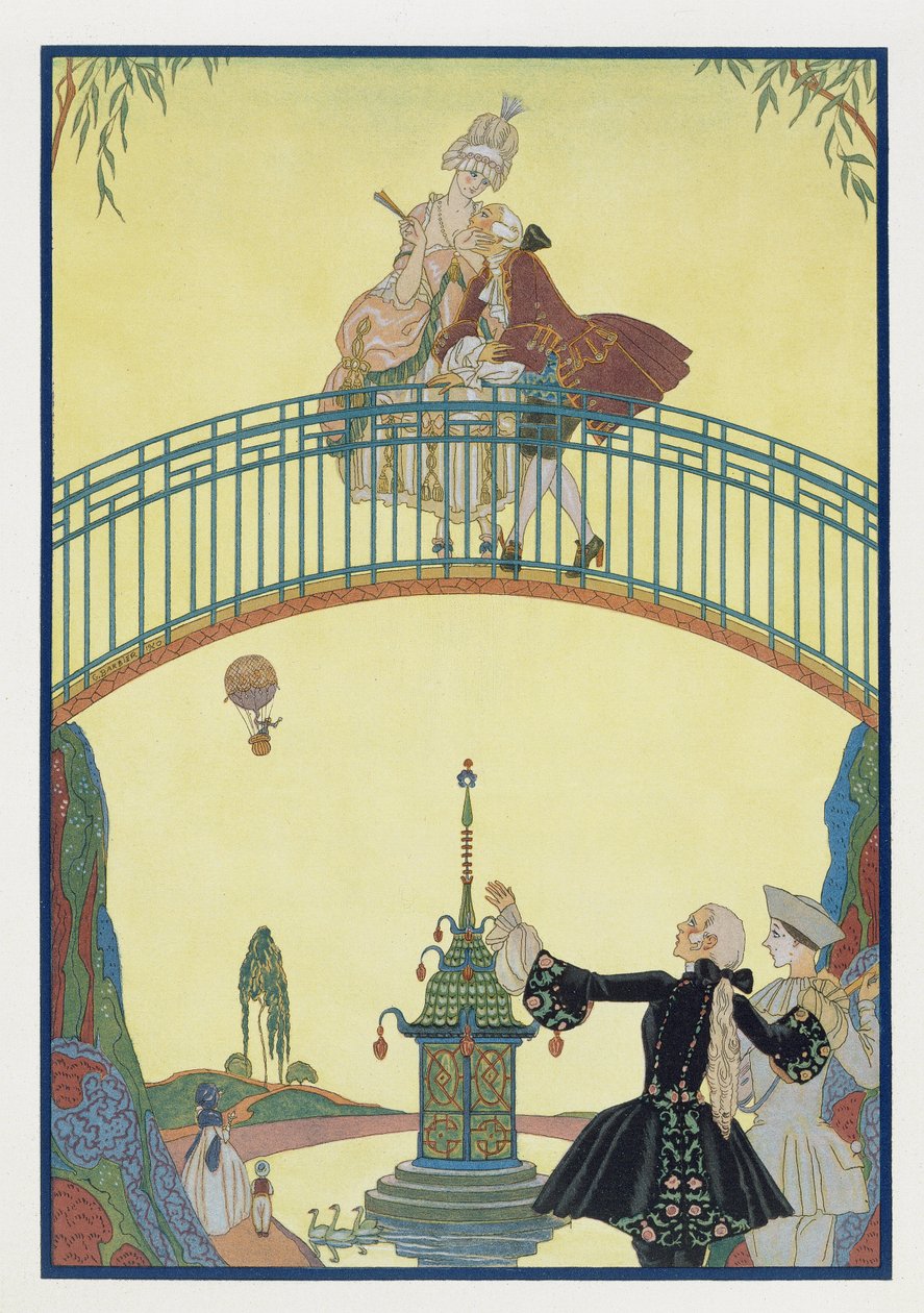 Love on the Bridge, illustration till "Fetes Galantes" av Paul Verlaine (1844-96) 1928 (pochoirtryck) av Georges Barbier