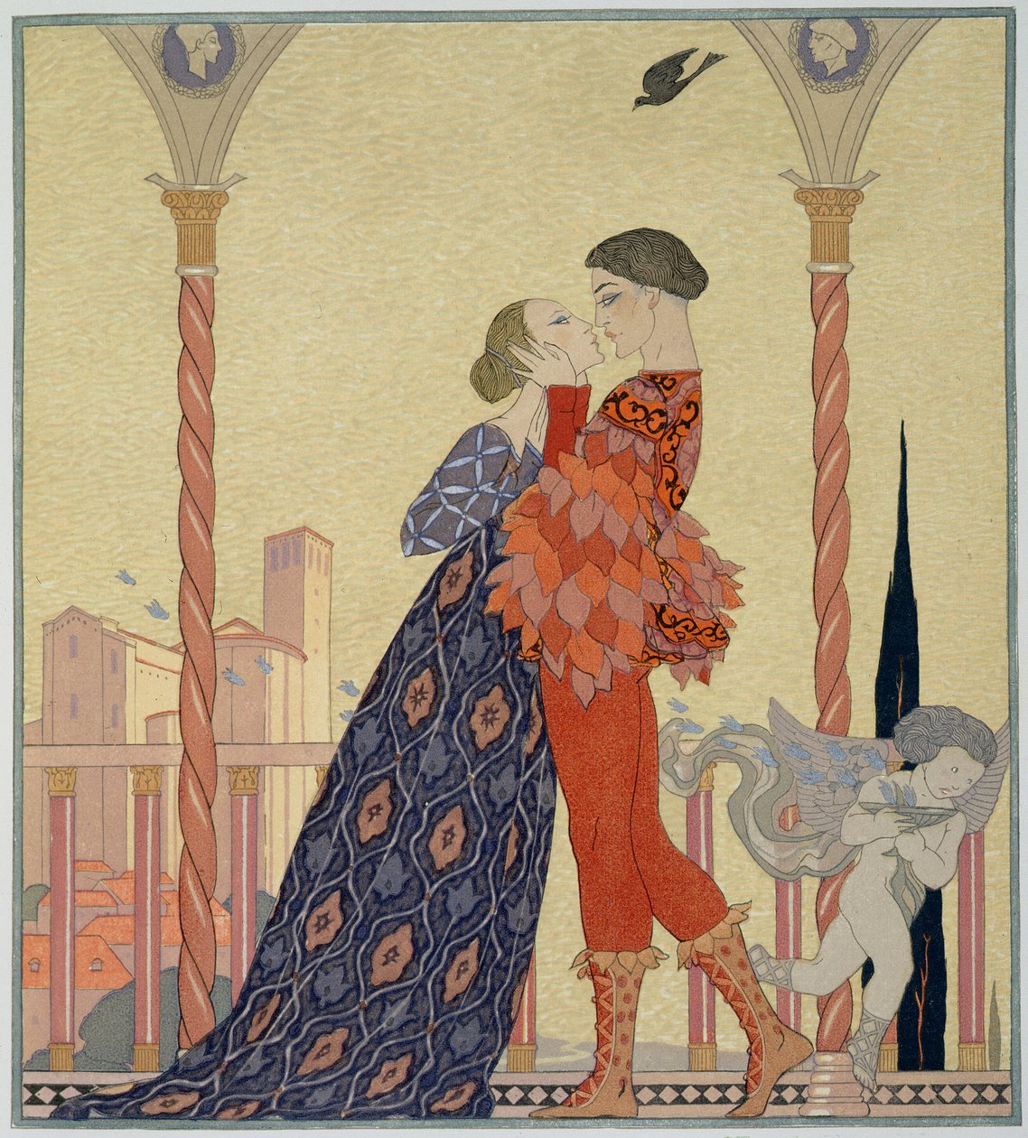 Älskare på en balkong (akvarell på papper) av Georges Barbier