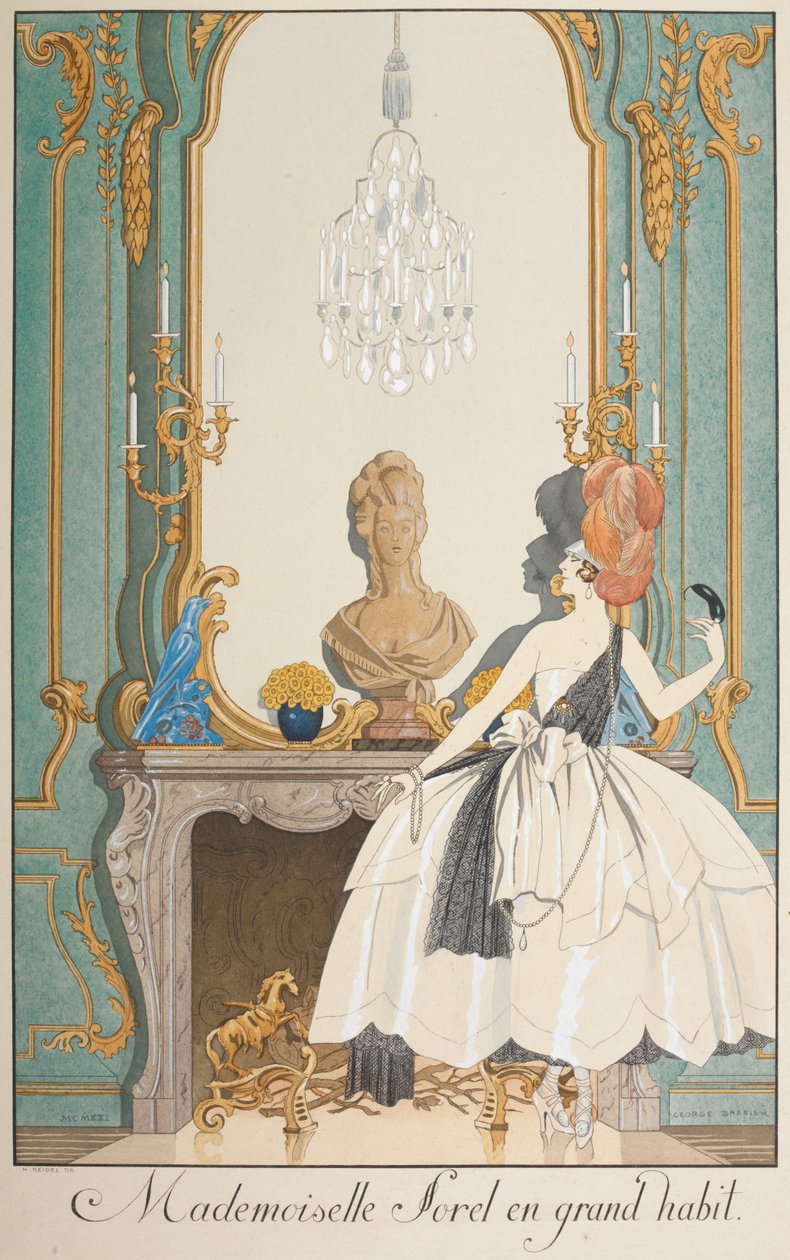 Mademoiselle Sorel i stor vana. En kvinna som står framför en öppen spis. av Georges Barbier
