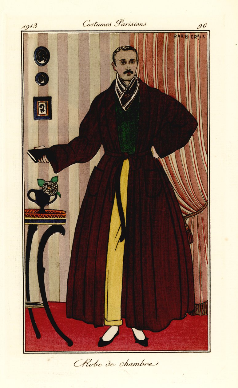 Man i morgonrock över gula byxor och grön väst. Morgonrock. Handfärgad pochoir (stencil) etsning efter en illustration av George Barbier från Tommaso Antonginis Journal des Dames et des Modes, Aux Bureaux du Journal des Dames, Paris av Georges Barbier
