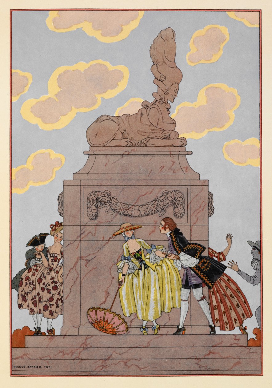 Mandolin. Människor som står runt ett monument. en kvinna håller ett parasoll. Betydande moln. av Georges Barbier