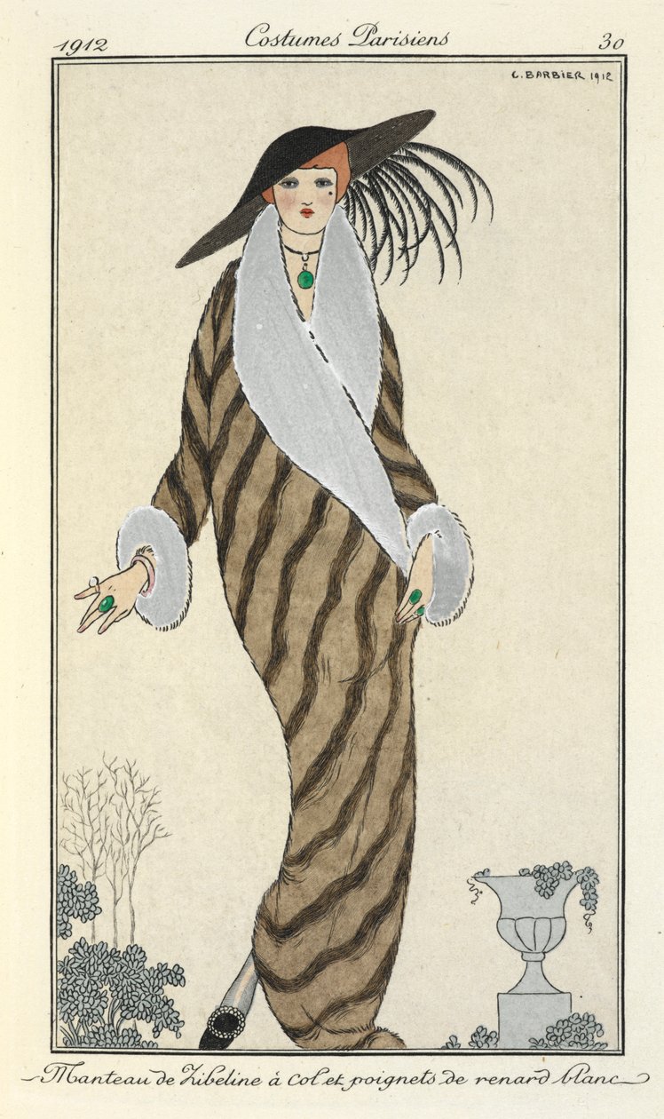 "Libeline kappa med vit rävkrage och muddar." av Georges Barbier
