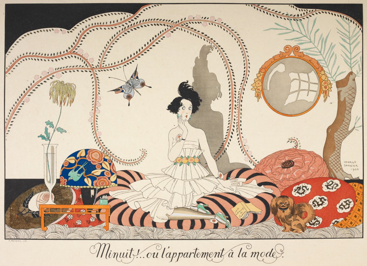 Midnatt! .. eller den trendiga lägenheten. En kvinna som sitter bland många kuddar. Hennes husdjurshund med henne. av Georges Barbier
