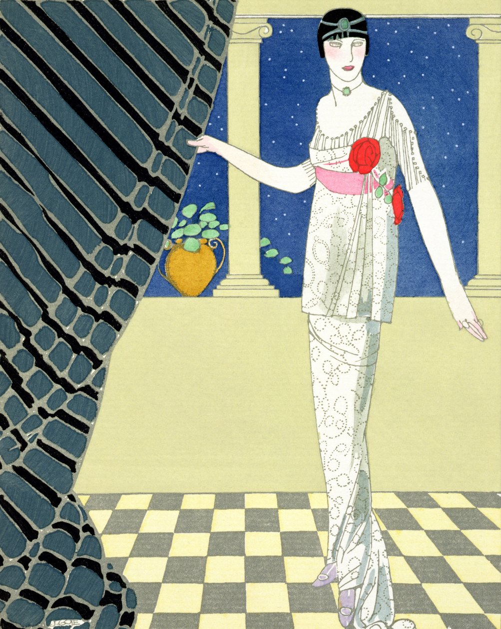 My Guests have not Arrived, illustration av en kvinna i en klänning från Redfern (pochoir-tryck) av Georges Barbier