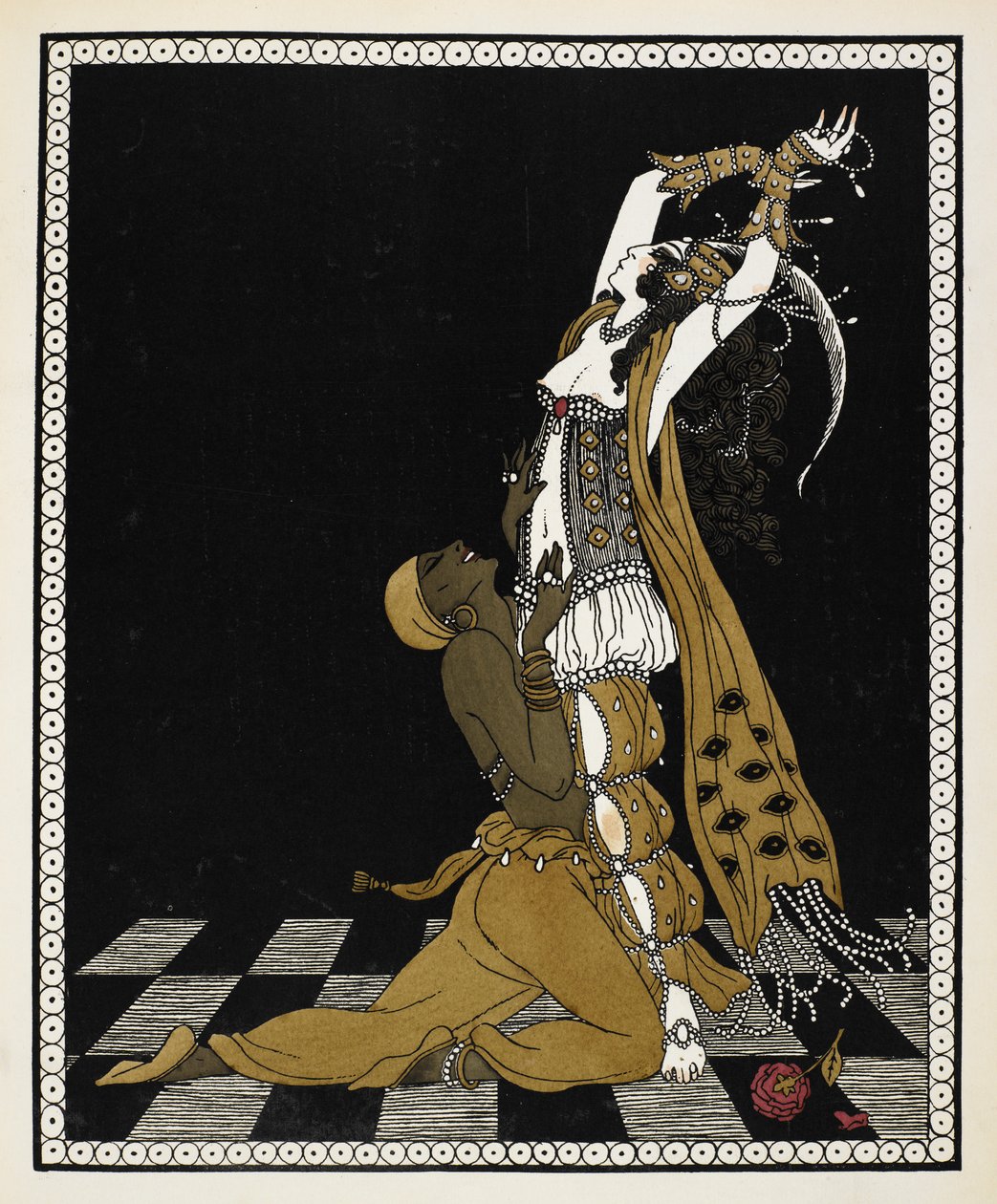 Nijinsky som guldslaven i Sheherazade, en symfonisk svit komponerad av Nikolai Rimsky-Korsakov 1888. Han står på knä framför Sheherazade, båda klädda i arabisk stil. av Georges Barbier