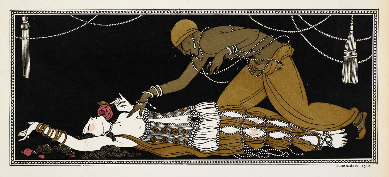 Nijinskij som guldslaven i Sheherazade, en symfonisk svit komponerad av Nikolai Rimsky-Korsakov 1888. Sheherazade ligger här på sin dödsbädd, den gyllene slaven lutad över henne av Georges Barbier