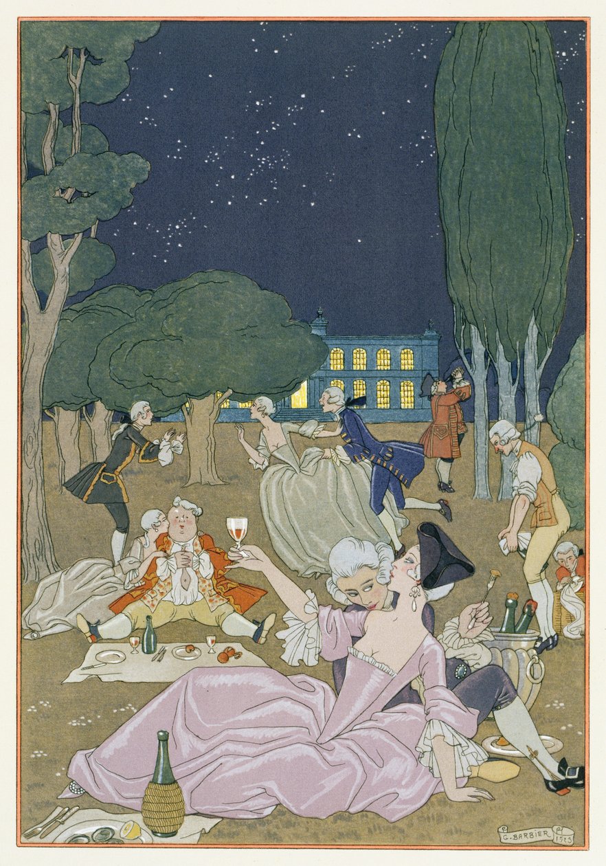 On the Lawn, illustration till "Fetes Galantes" av Paul Verlaine (1844-96) 1923 (pochoirtryck) av Georges Barbier