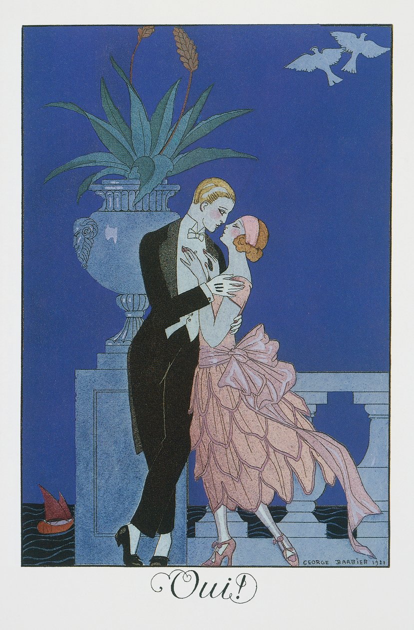 Ja, två unga fästman i aftonklänning, litografi av George Barbier (1882-1932), från Falbalas et Fanfreluches, Almanach des Modes Presentes, Passees et Futures av Georges Barbier