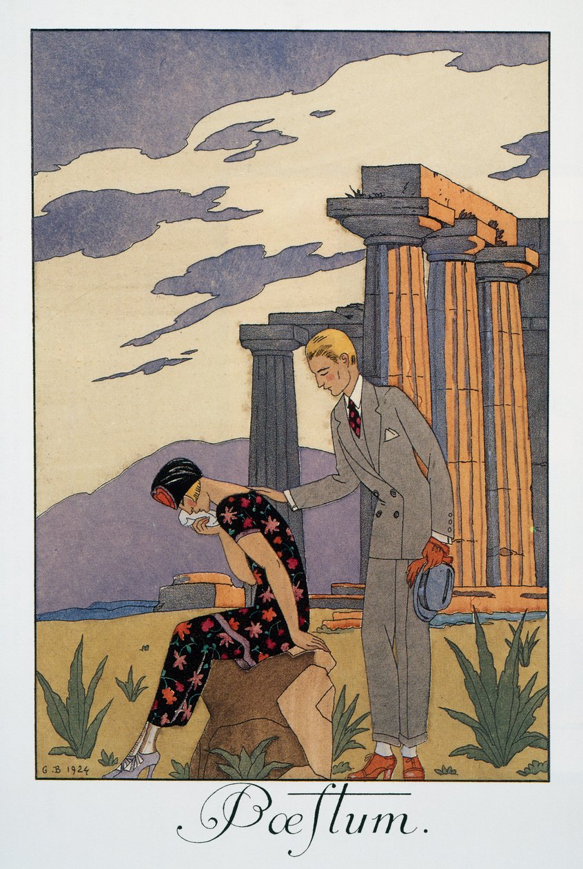 Paestum, litografi av George Barbier (1882-1932), från Falbalas et Fanfreluches, Almanach des Modes Presentes, Passees et Futures av Georges Barbier