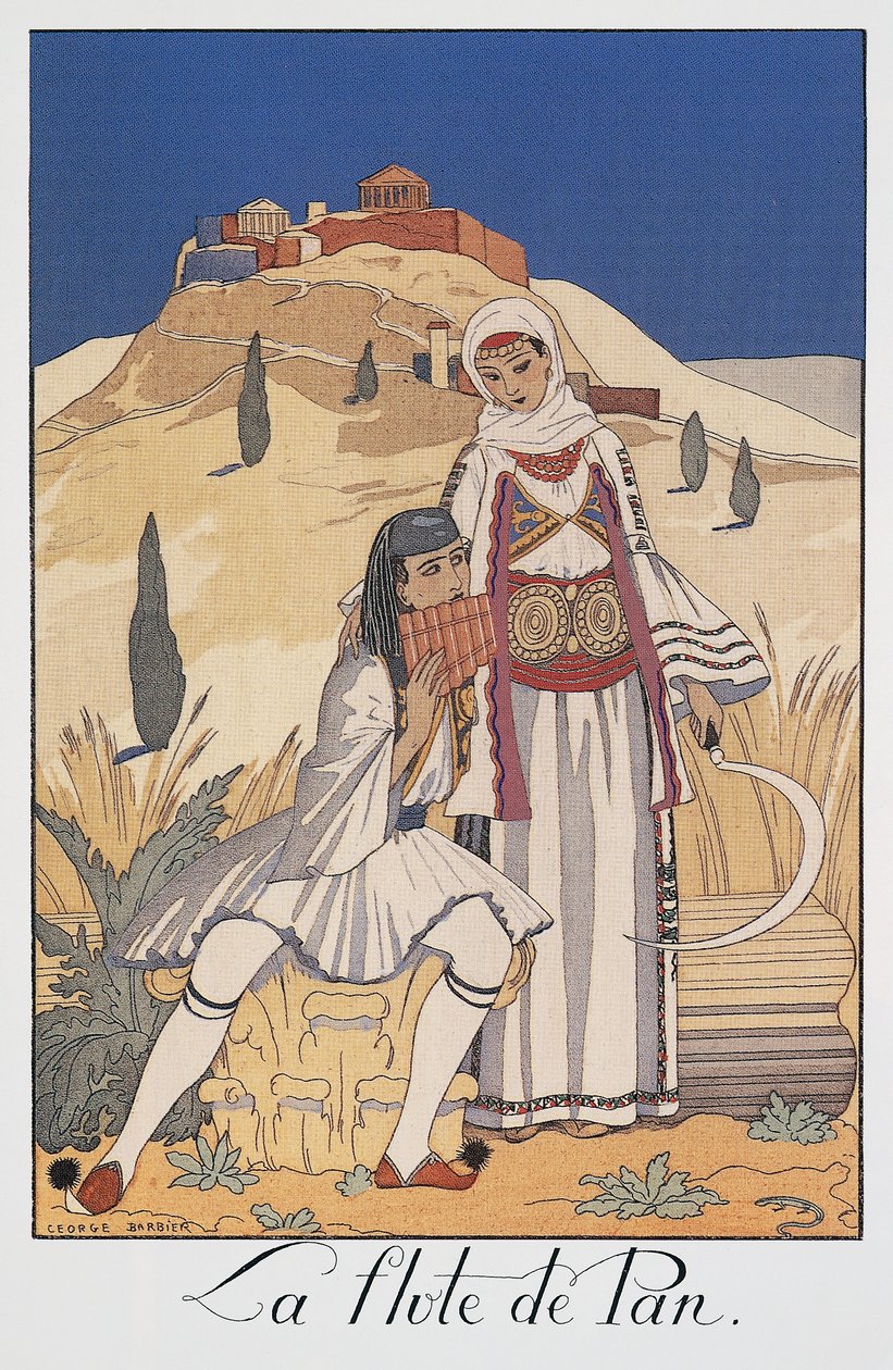 Panflöjtspelare som föreställer traditionella grekiska dräkter av Georges Barbier