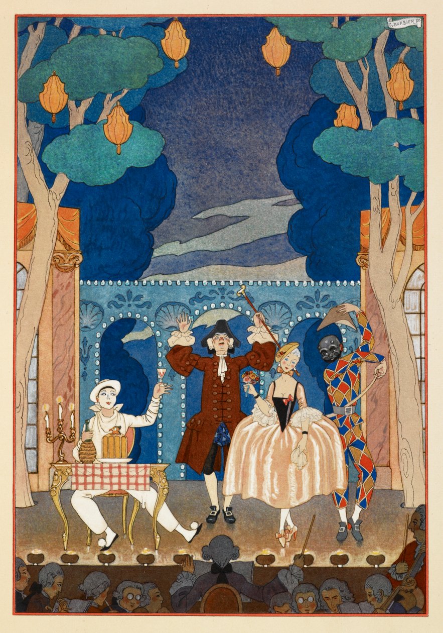 Pantomim. Pjerrot och Harlekin. En man och vacker kvinna. Allt på en scen. av Georges Barbier