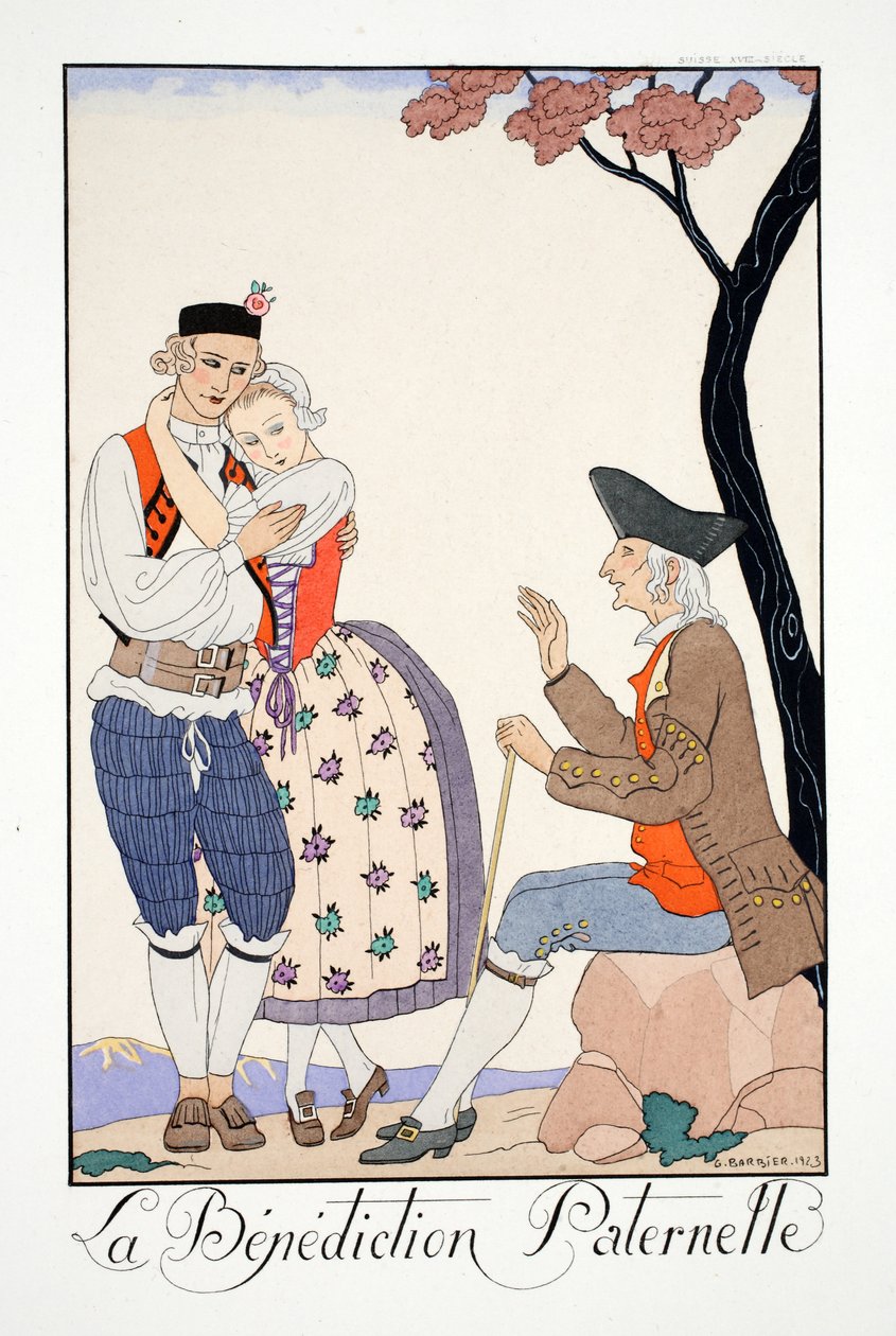 Faderlig välsignelse, från "Falbalas et Fanfreluches, almanacka över nuvarande, förflutna och framtida lägen" av Georges Barbier