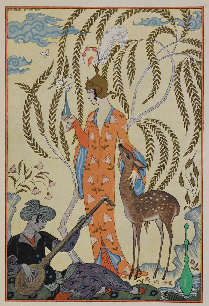 Persien. En kvinna med en fawn. En musiker. av Georges Barbier