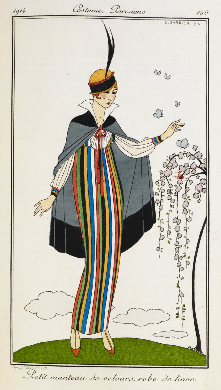 Petit manteau de velours, dräkt av linon. Kvinna klädd i en liten sammetsmantel, med en randig linneklänning, orange t-bar-skor och en hatt kantad med svart och rött. Kostymer Parisiens. av Georges Barbier