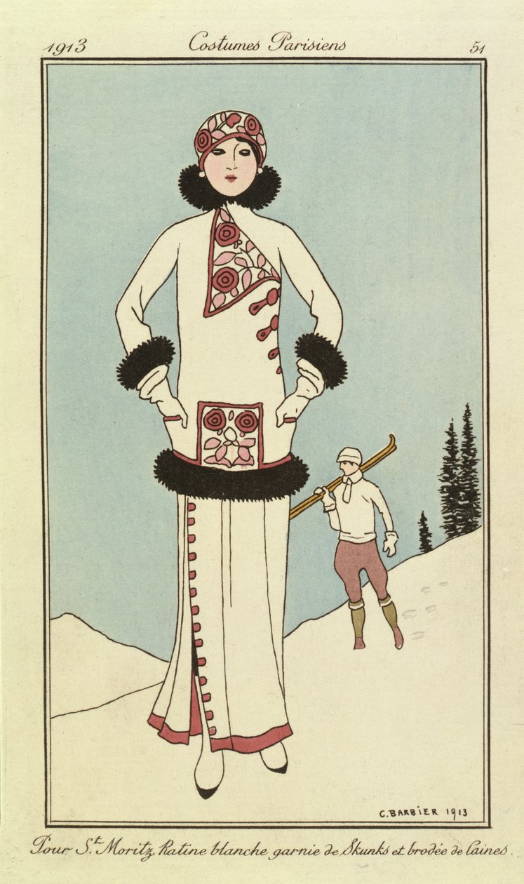 För St.Moritz, tallrik från "Costumes Parisiens" av Georges Barbier