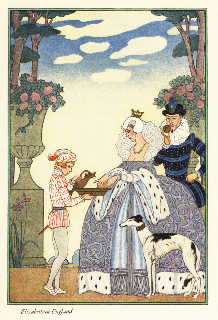 Drottning Elizabeth tvättar sina händer i en skål som hennes page boy håller. 1928 (tryck) av Georges Barbier