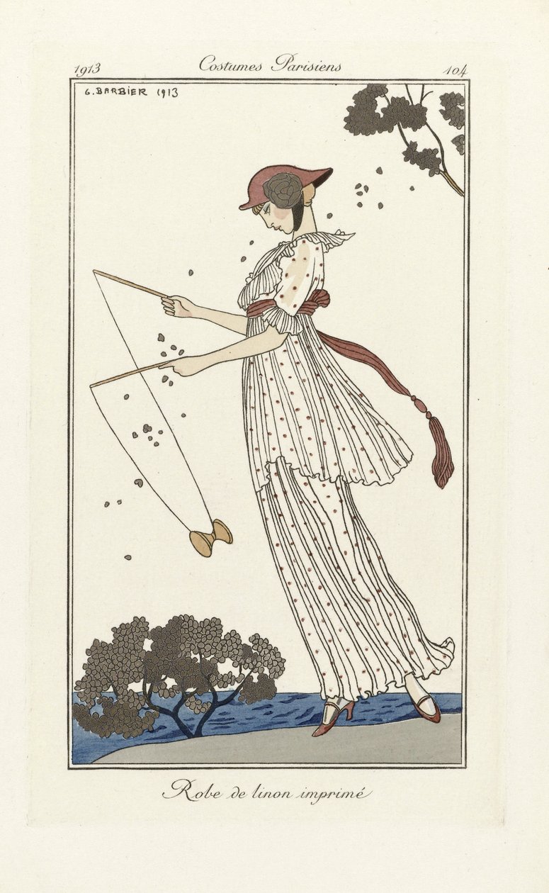 Robe de Linon tryckt, från Costumes Parisien, pub.1913 (stenciltryck) av Georges Barbier
