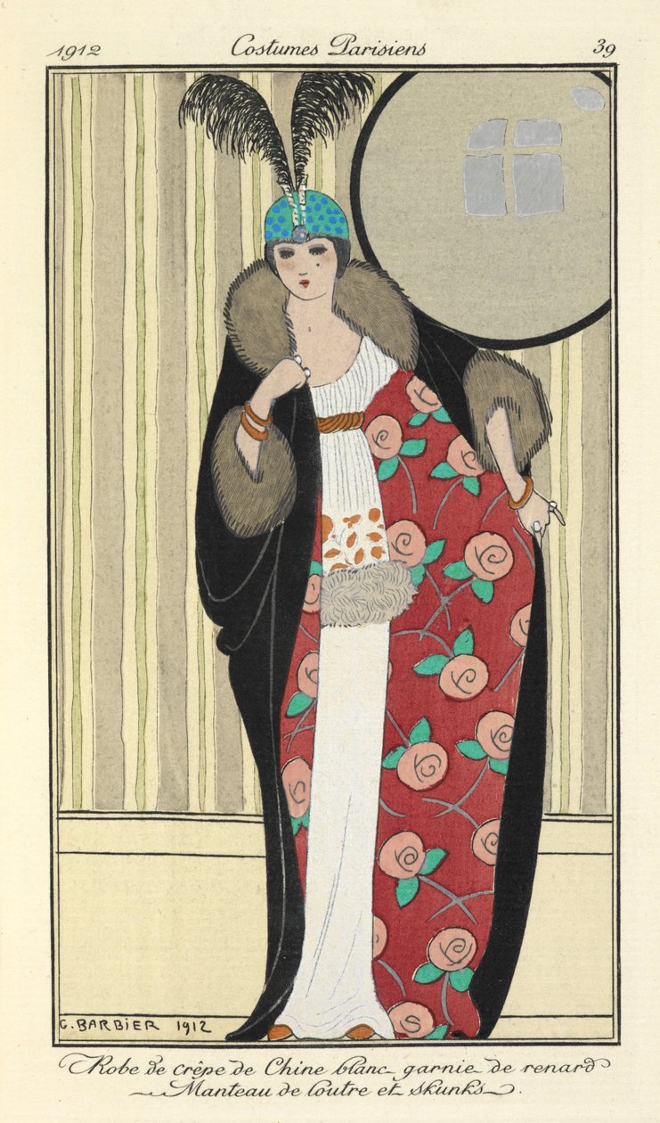 "Vit crepe de chine klänning trimmad med räv. Otterrock och skunks," av Georges Barbier