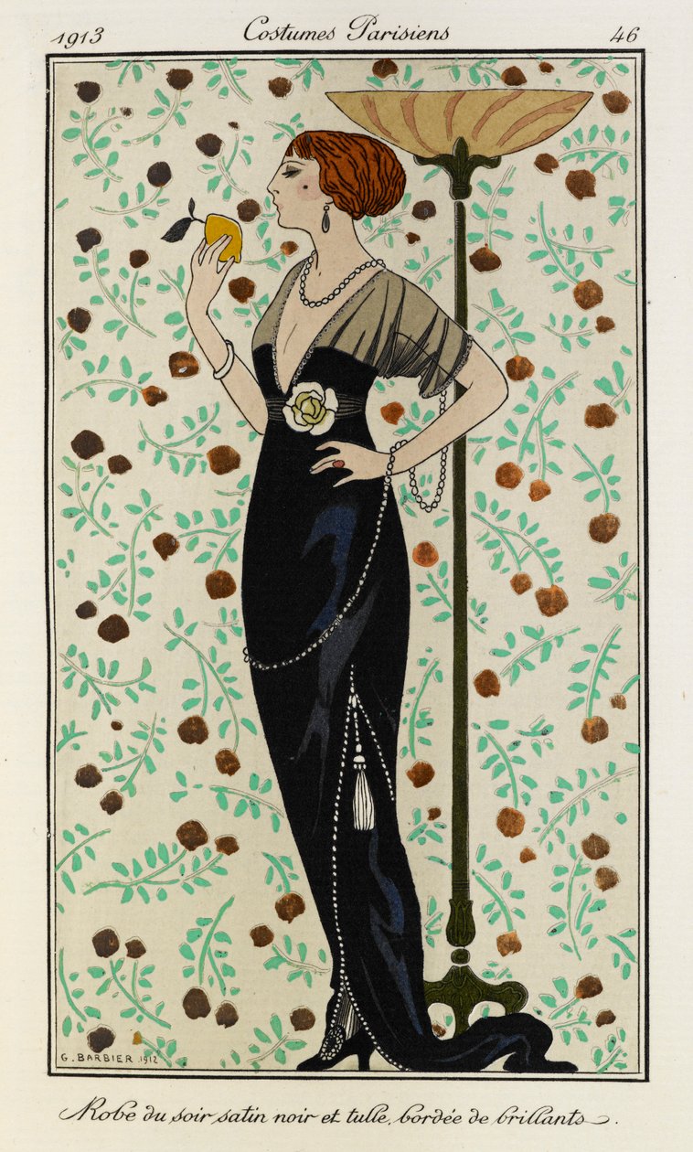 Robe du soir satin noir et tyll bordée de brillants. Kostymer Parisiens nr.46. Kvinnan är klädd i en svart satängklänning, fodrad med diamanter och har en vit blomma på linningen. Hon bär också ett diamanthalsband. av Georges Barbier