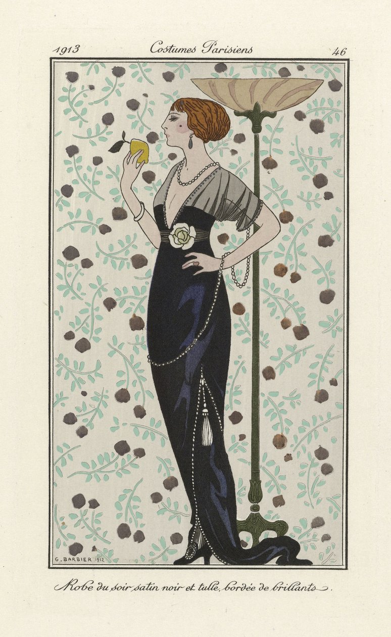 Aftonklänning i svart satin och tyll kantad med briljanter, från Costumes Parisien, pub.1913 (stenciltryck) av Georges Barbier