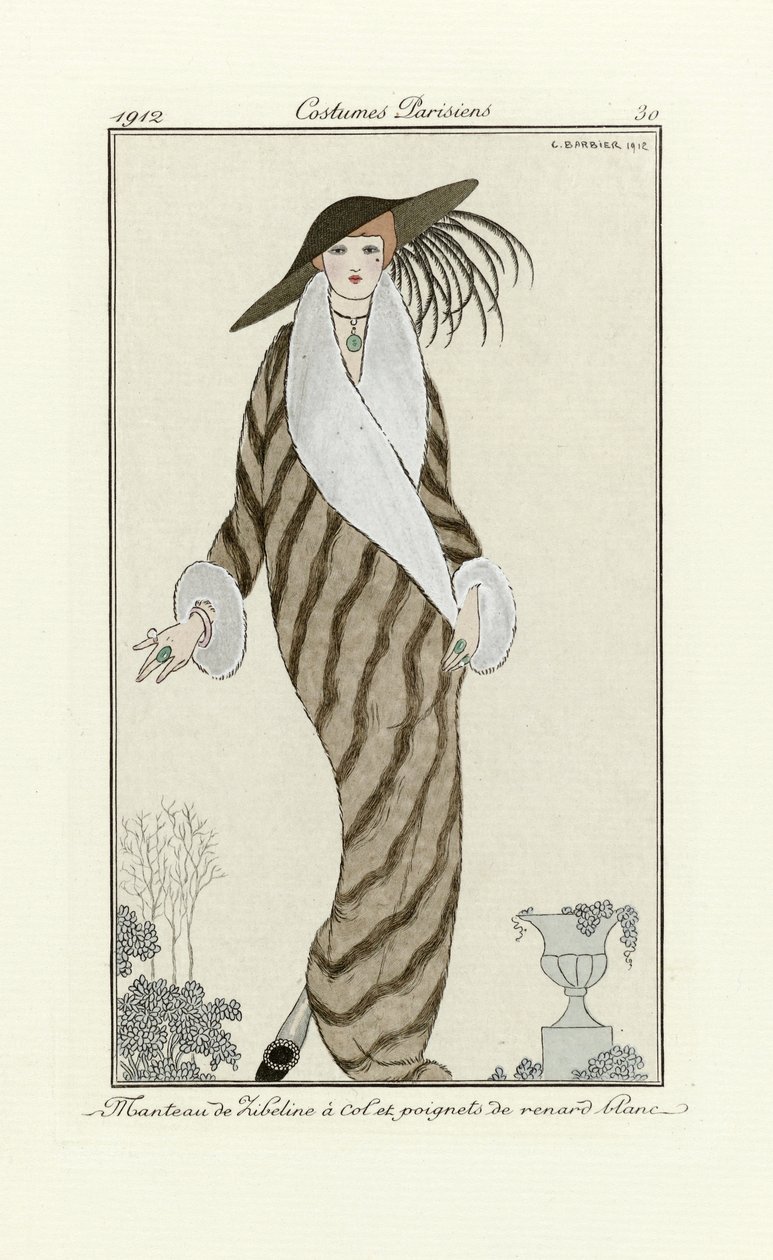 Sable Coat with White Fox Trim, från Costumes Parisien, pub.1912 (pochoir-tryck) av Georges Barbier