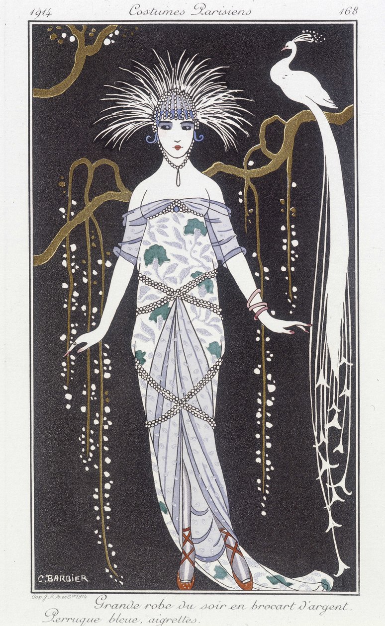Silverbrokad aftonklänning och peruk - Illustration av George Barbier (1882-1932). i "" Journal des dames et des modes: Costumes Parisiens"" av Georges Barbier