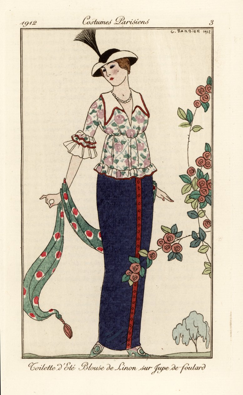 Sommaroutfit med blommig linneblus och scarfkjol. Sommartoalett, gräsmatta blus över halsdukkjol. Handfärgad pochoir (stencil) etsning efter en illustration av George Barbier från Tommaso Antonginis Journal des Dames et des Modes, Aux Burea av Georges Barbier