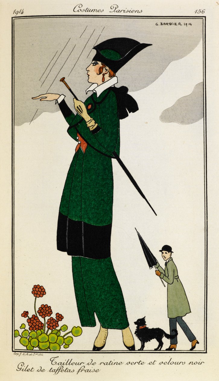 Tailleur de ratine verte et velours noir. Gilet de taffetas fraise. Kvinna klädd i en skräddarsydd outfit av grönt och svart siden, med en strawberry sidenväst. Person i en trenchcoat med ett paraply och en hund i bakgrunden. Kostymer Parisiens. av Georges Barbier