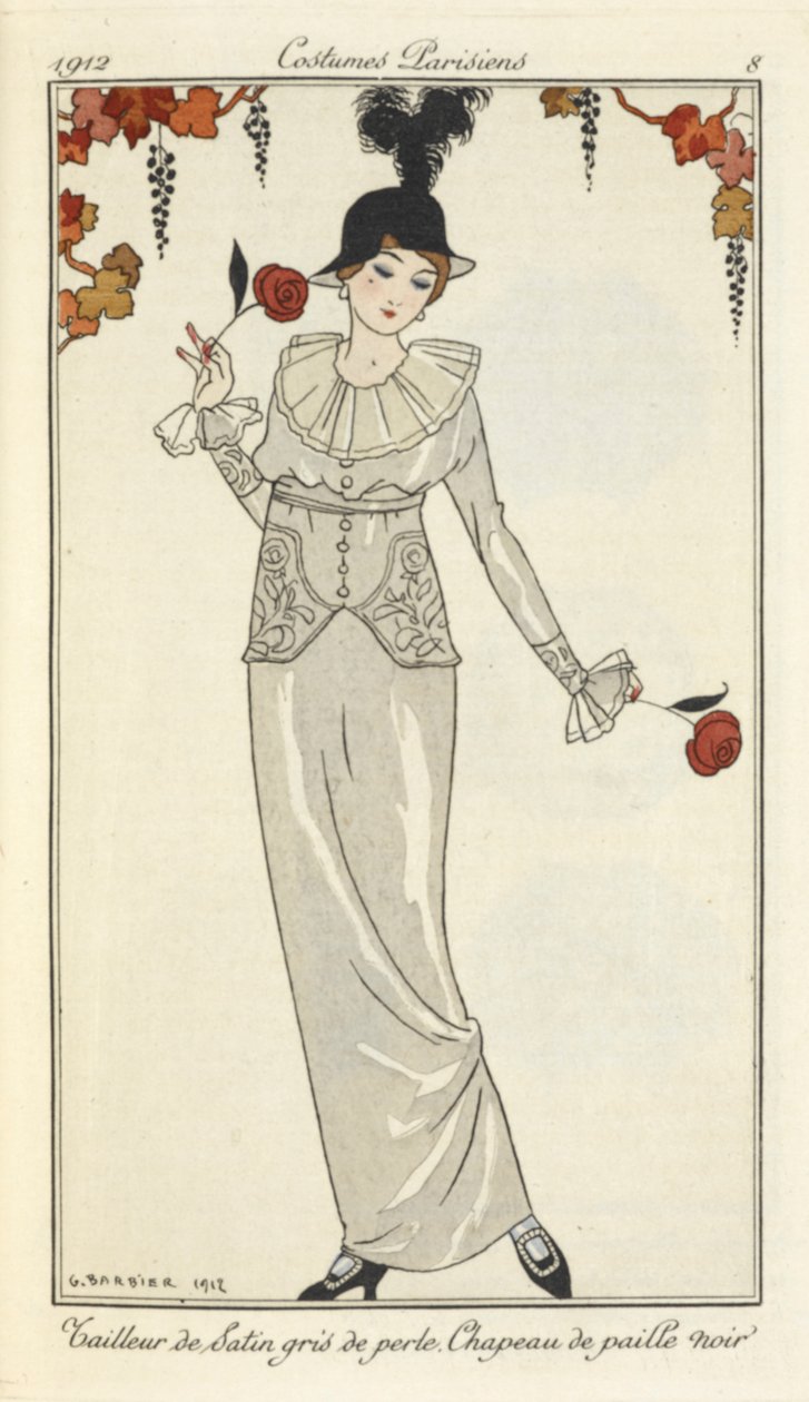 "Pärlgrå satinkostym, svart stråhatt." av Georges Barbier