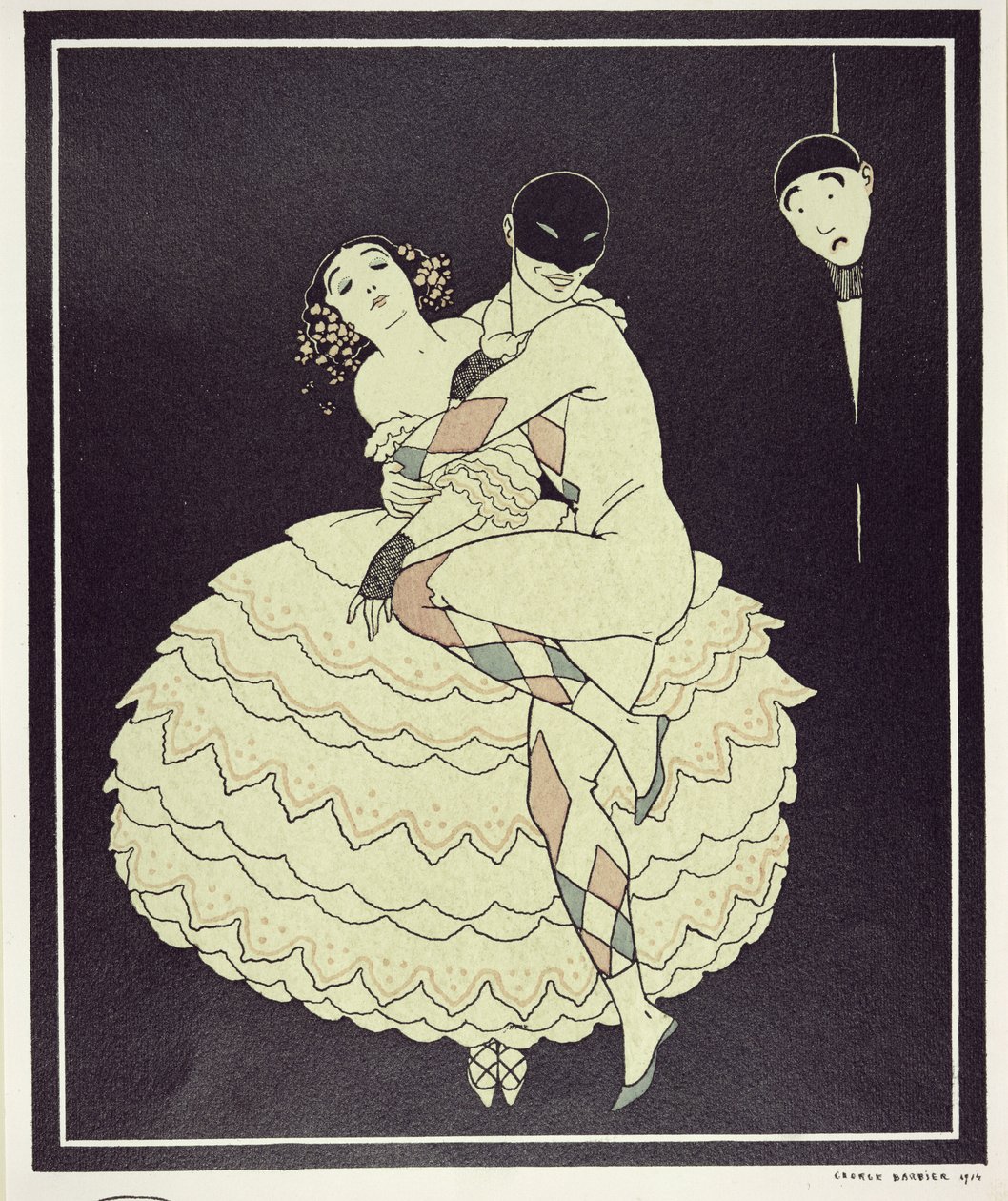 Tamara Karsavina (1885-1978) som Columbine och Vaslav Nijinsky (1890-1950) som Harlequin i Fokines "Carnaval" 1910, pub. 1914 (pochoirtryck) av Georges Barbier