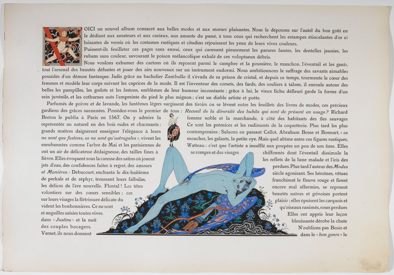 Text och en naken figur, färgad blå. av Georges Barbier