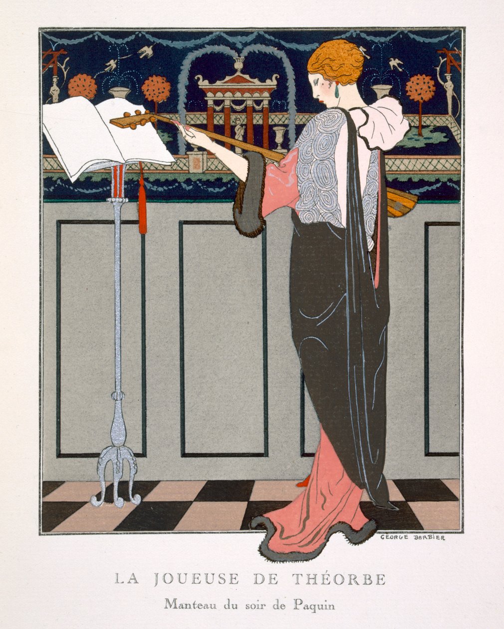 Theorbo Player, design för en aftonkappa av Paquin av Georges Barbier