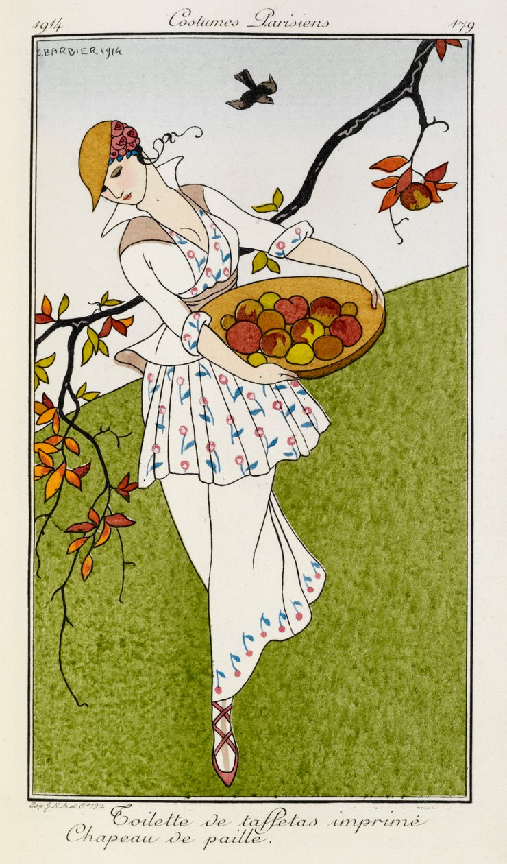 Toilette de taffetas imprime chapeau de paille. Kostymer Parisiens nr.179. En kvinna som bär en sidentryckt outfit och halmhatt. Hon bär en skål med frukt. av Georges Barbier