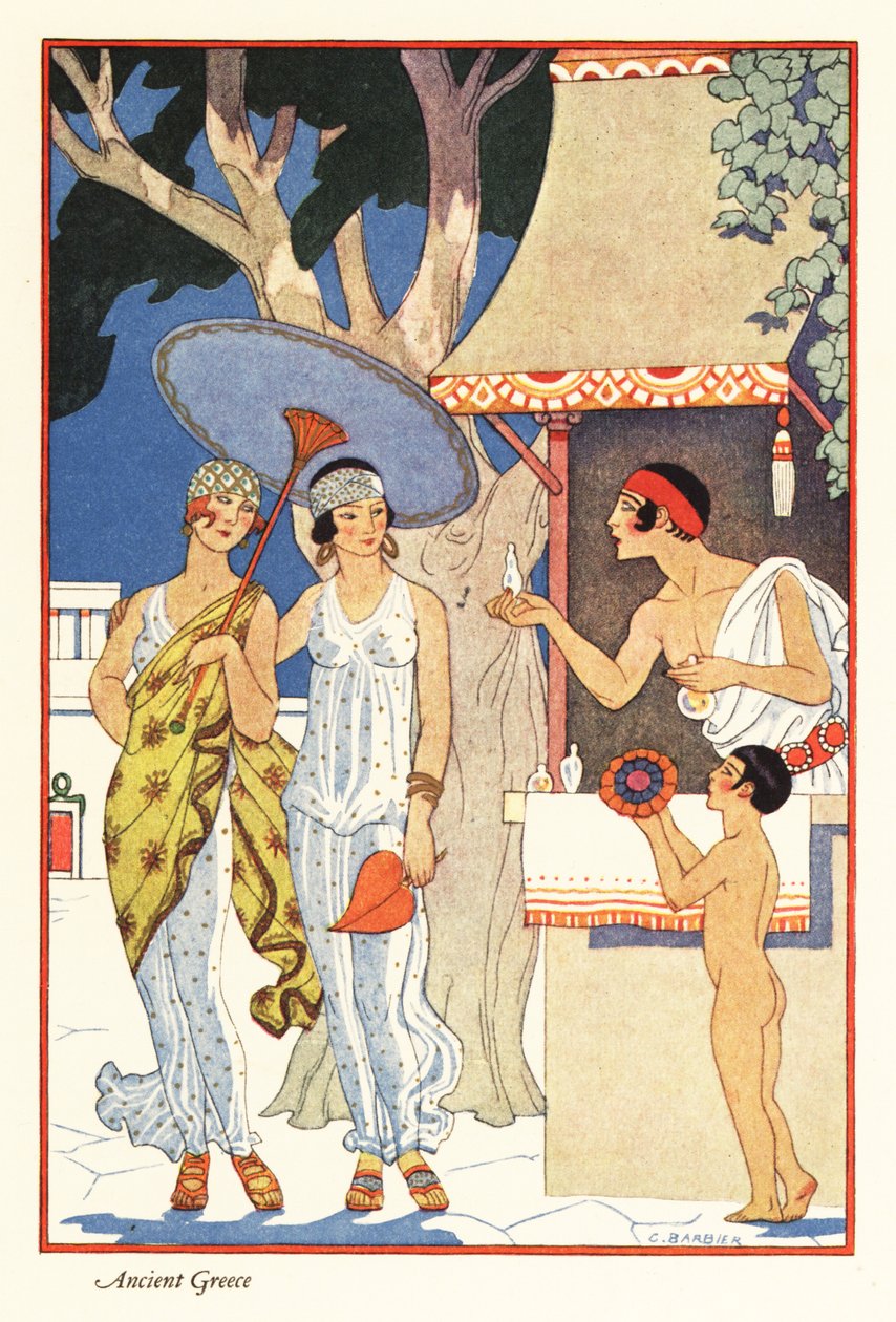Två kvinnor handlar i en parfymförsäljares monter i antikens Grekland 1928 (tryck) av Georges Barbier