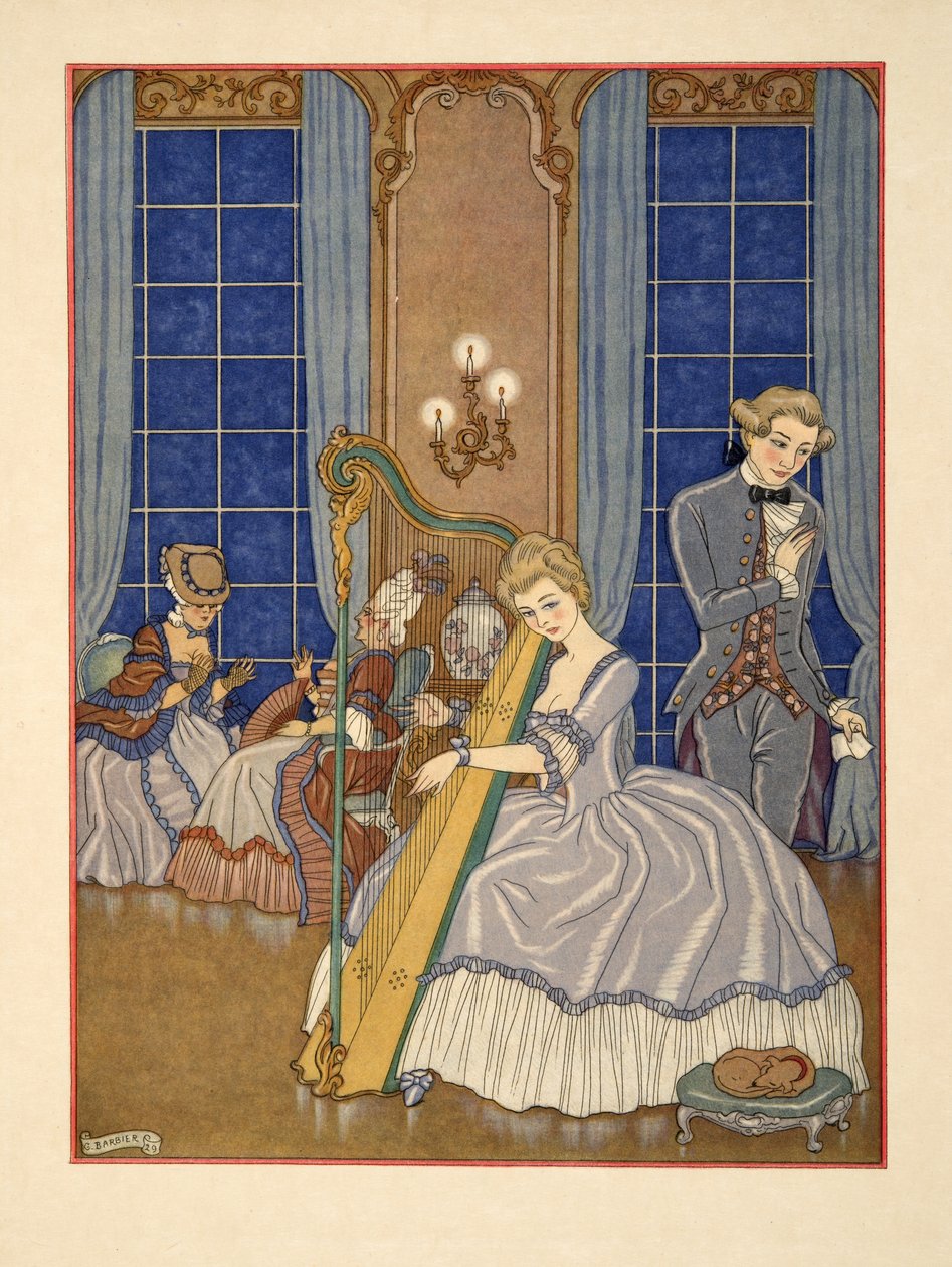 Valmont som förför sitt offer, illustration från "Les Liaisons Dangereuses" av puben Pierre Chodlerlos de Laclos (1741-1803). 1934 (stenciltryck) av Georges Barbier
