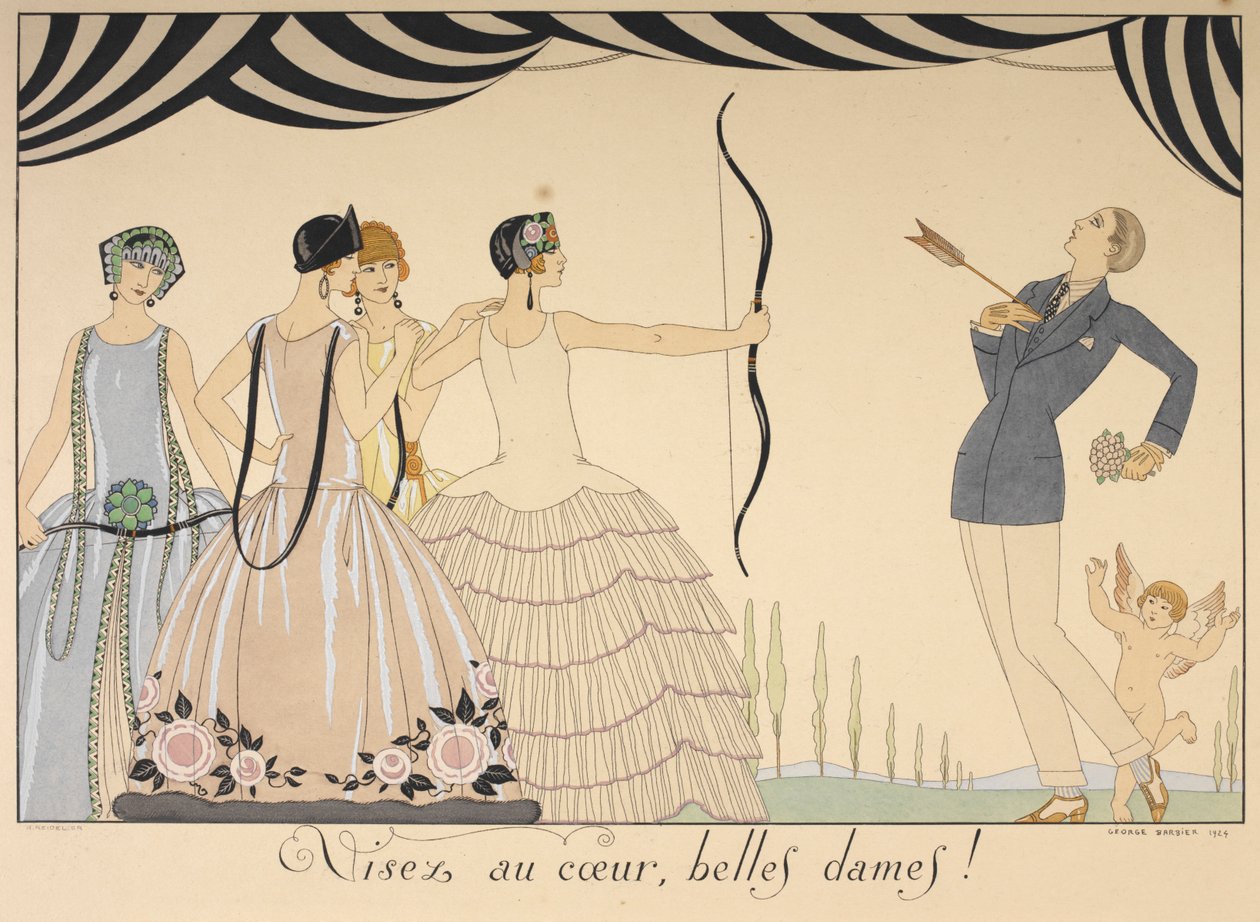 Visez au coeur, belles damer. Sikta på hjärtat damer. En kvinna skjuter en man i hjärtat med en pil. av Georges Barbier