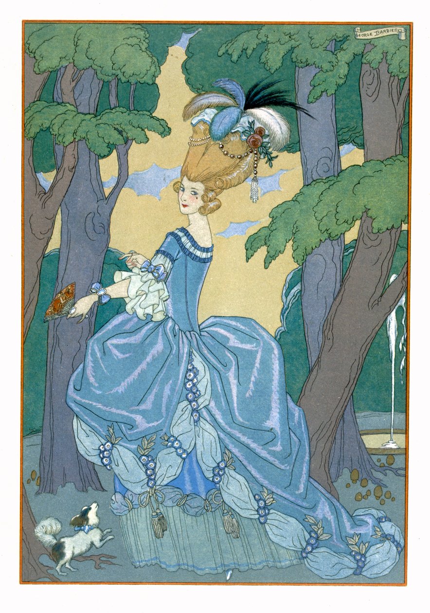 Walk in the Forest, illustration till "Fetes Galantes" av Paul Verlaine (1844-96) 1928 (pochoirtryck) av Georges Barbier