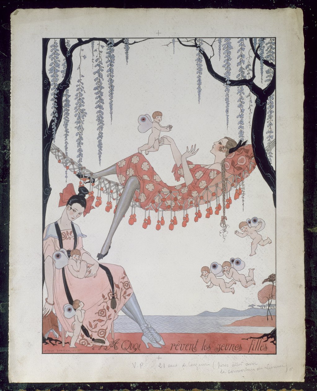 Vad drömmer unga kvinnor om? 1918 (penna, bläck och akvarell på papper) av Georges Barbier
