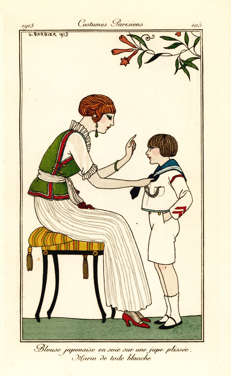 Kvinna i japansk sidenblus och lång veckad kjol av Georges Barbier