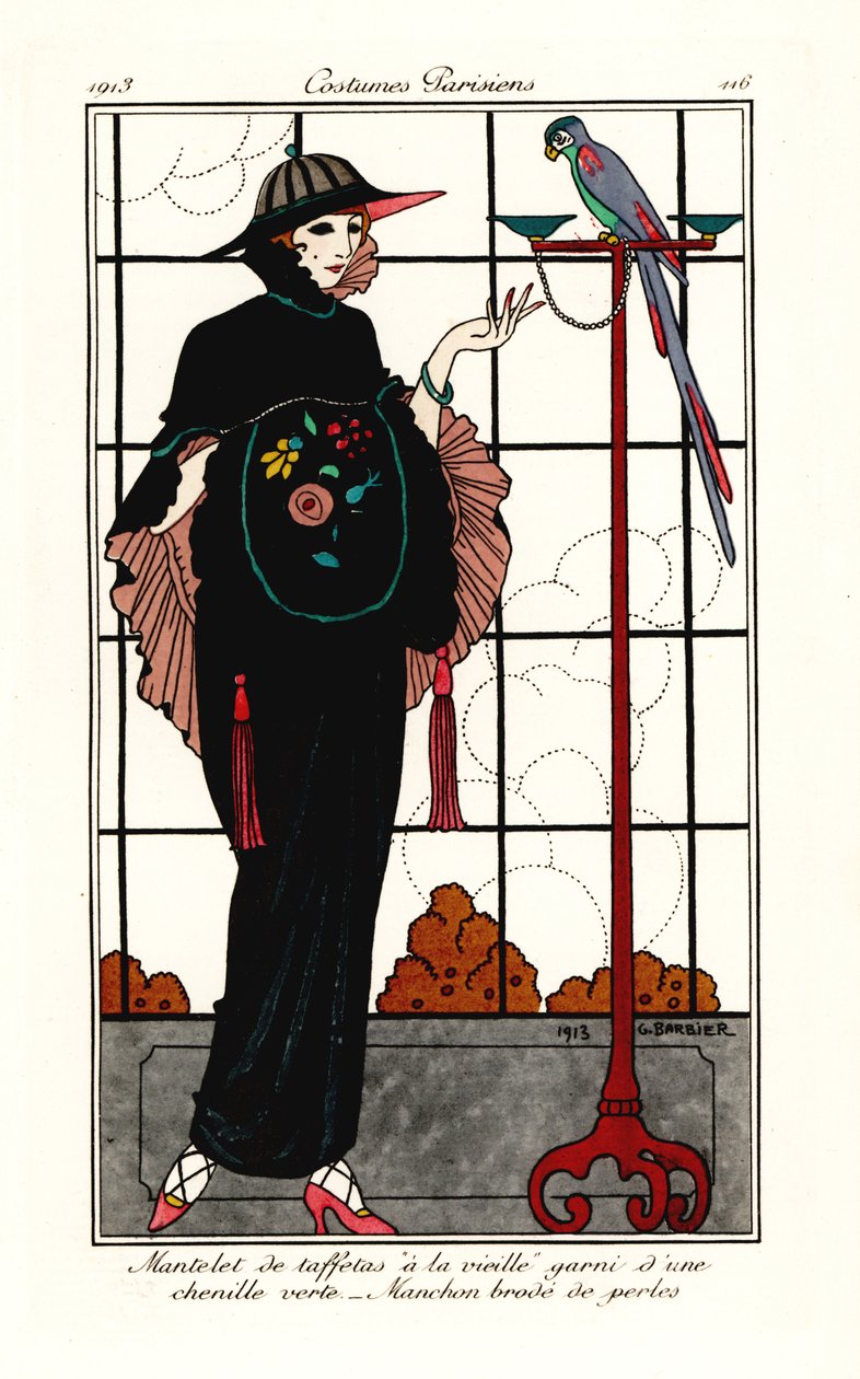 Kvinna i en gammal-taft cape med en papegoja av Georges Barbier