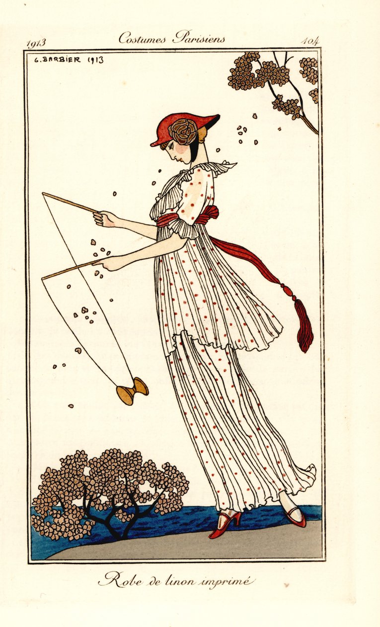Kvinna i klänning av tryckt linne som spelar diabolo av Georges Barbier