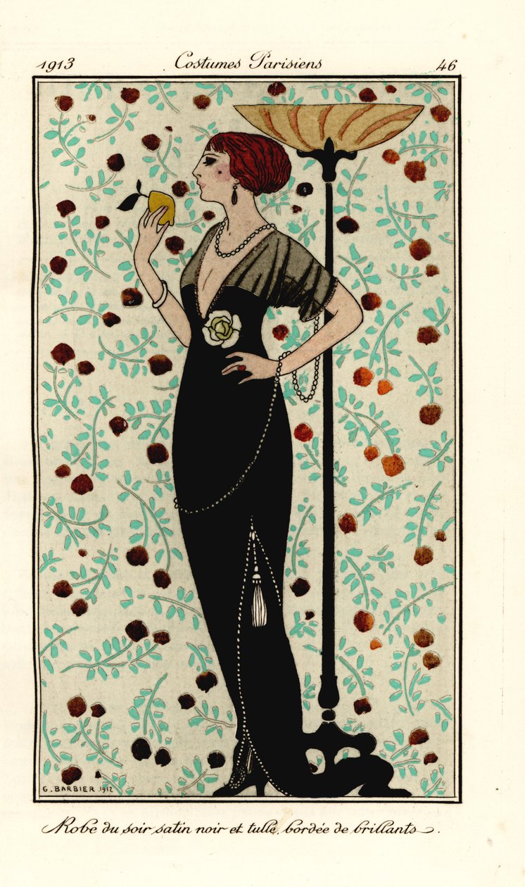 Kvinna i aftonklänning av svart satin och tyll, kantad med briljanter. Robe de soir satin noir et tyll, bordee de brillants. Handfärgad pochoir (stencil) etsning efter en illustration av George Barbier från Tommaso Antonginis Journal des Dames et des Mo av Georges Barbier